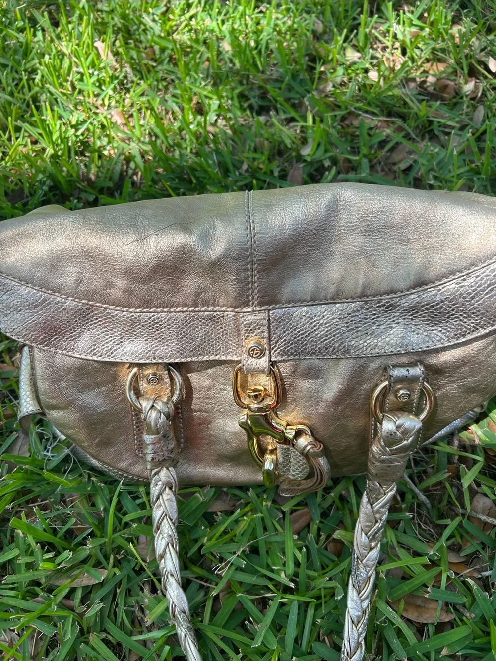 Francesco Biasia Metallic Gold Braided-Handle Large Satchel 100% Leather